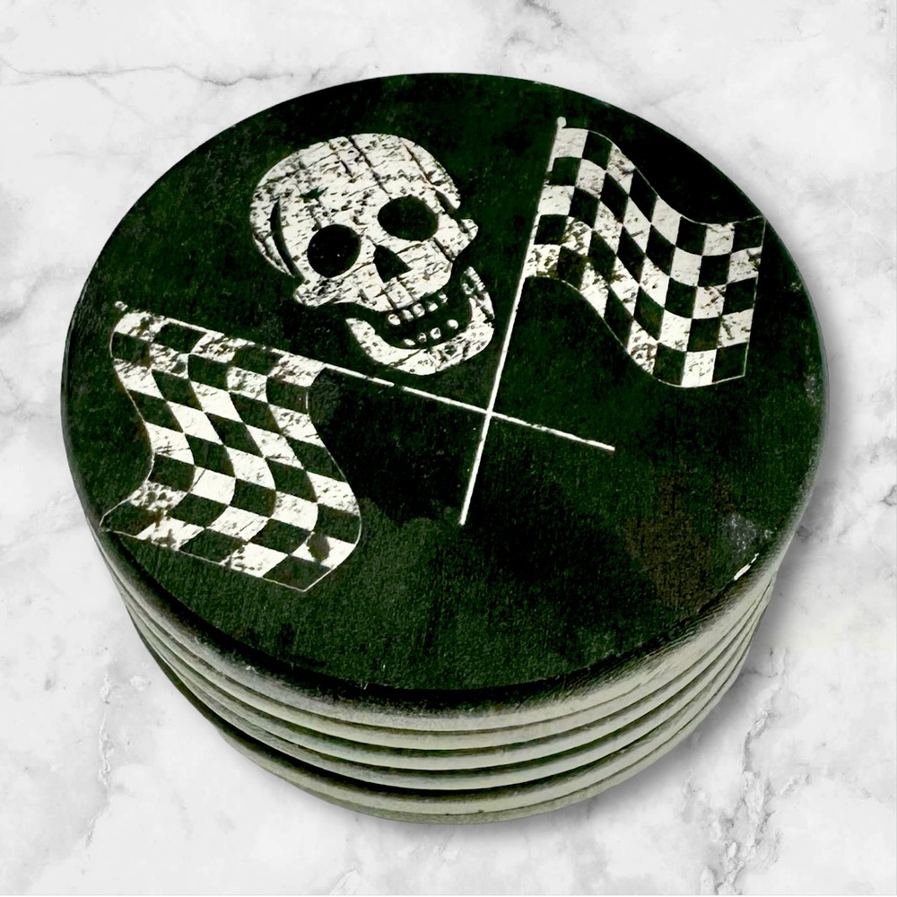 Set of 6 Skull & Checkered Flag Cup Coasters – Gothic Racing Style